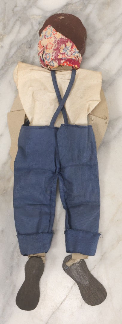 Lot 016 - Vintage Folk Art Hand Made Doll Puppet, Man With Blue Overalls Bandana, Wooden Head And Feet, Cardstock Body, 15" Length