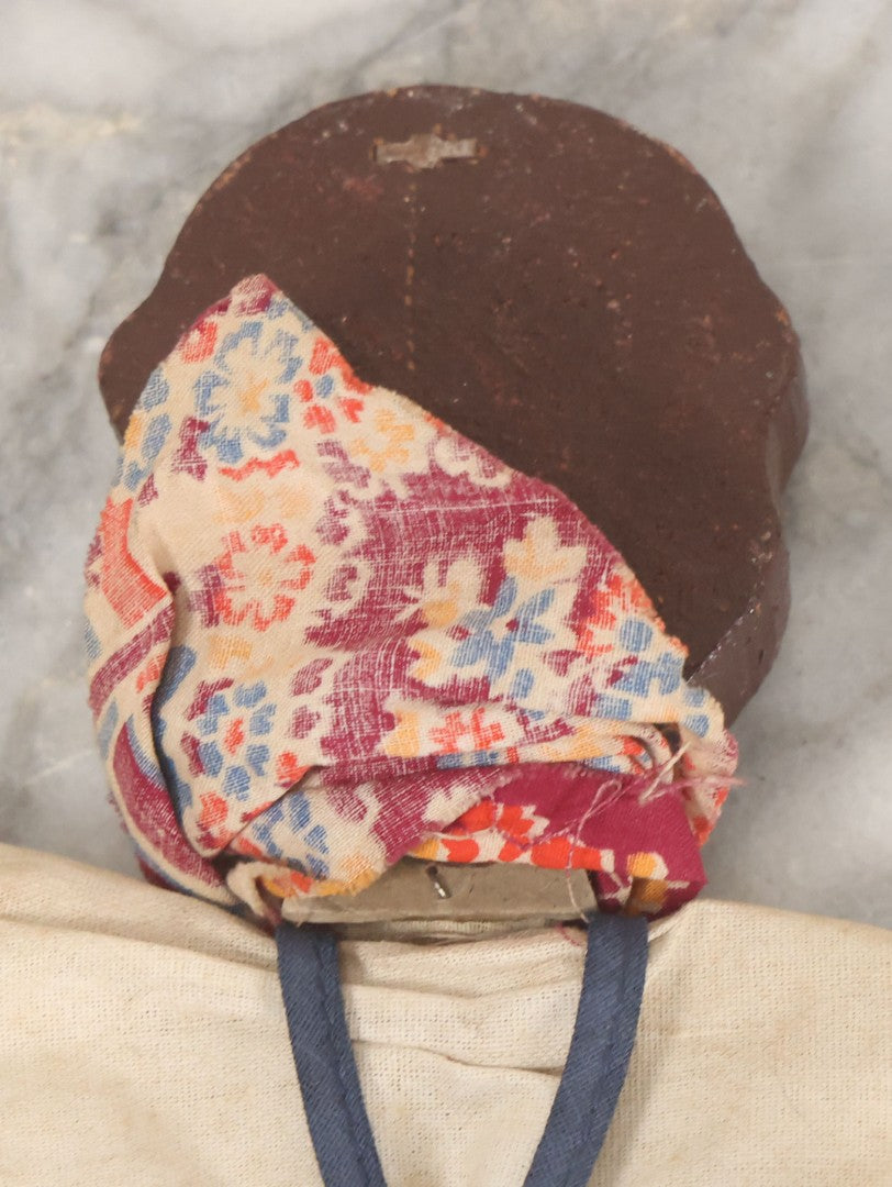 Lot 016 - Vintage Folk Art Hand Made Doll Puppet, Man With Blue Overalls Bandana, Wooden Head And Feet, Cardstock Body, 15" Length