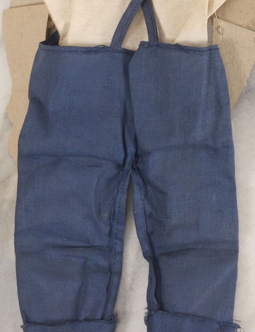 Lot 016 - Vintage Folk Art Hand Made Doll Puppet, Man With Blue Overalls Bandana, Wooden Head And Feet, Cardstock Body, 15" Length