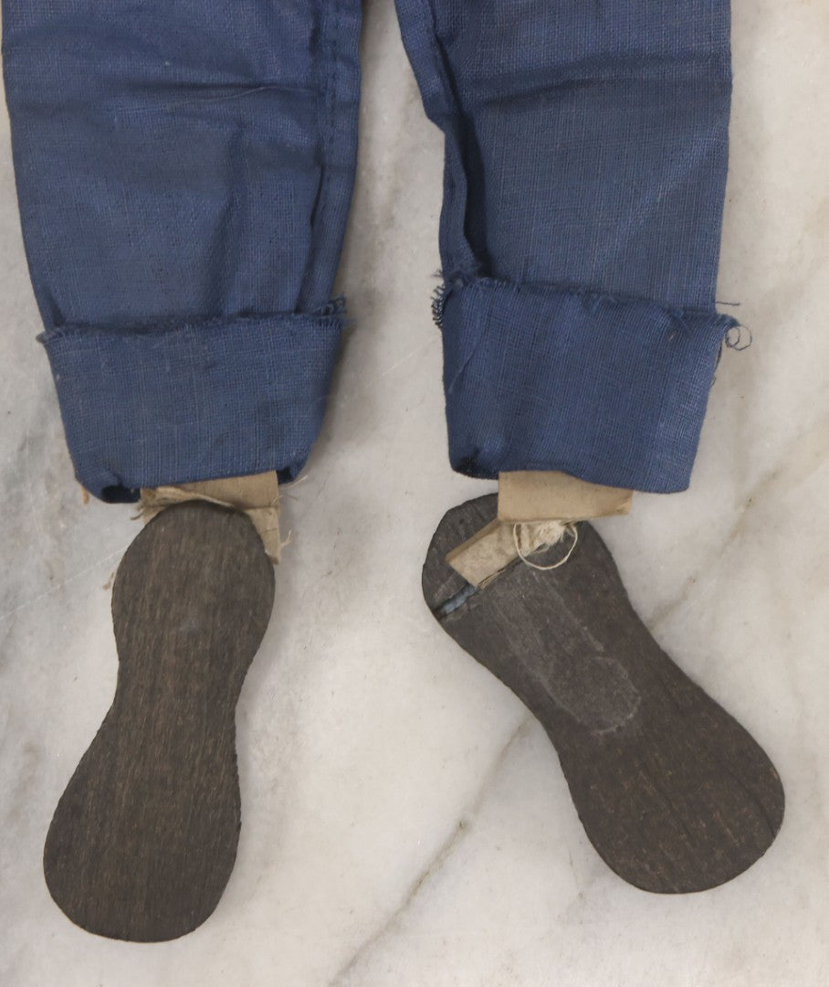 Lot 016 - Vintage Folk Art Hand Made Doll Puppet, Man With Blue Overalls Bandana, Wooden Head And Feet, Cardstock Body, 15" Length