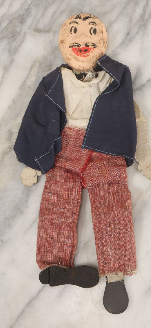 Lot 017 - Vintage Folk Art Hand Made Doll Puppet, Man With Mustache, Blue Jacket, Red Trousers Wooden Head And Feet, Cardstock Body, 14-1/2" Length