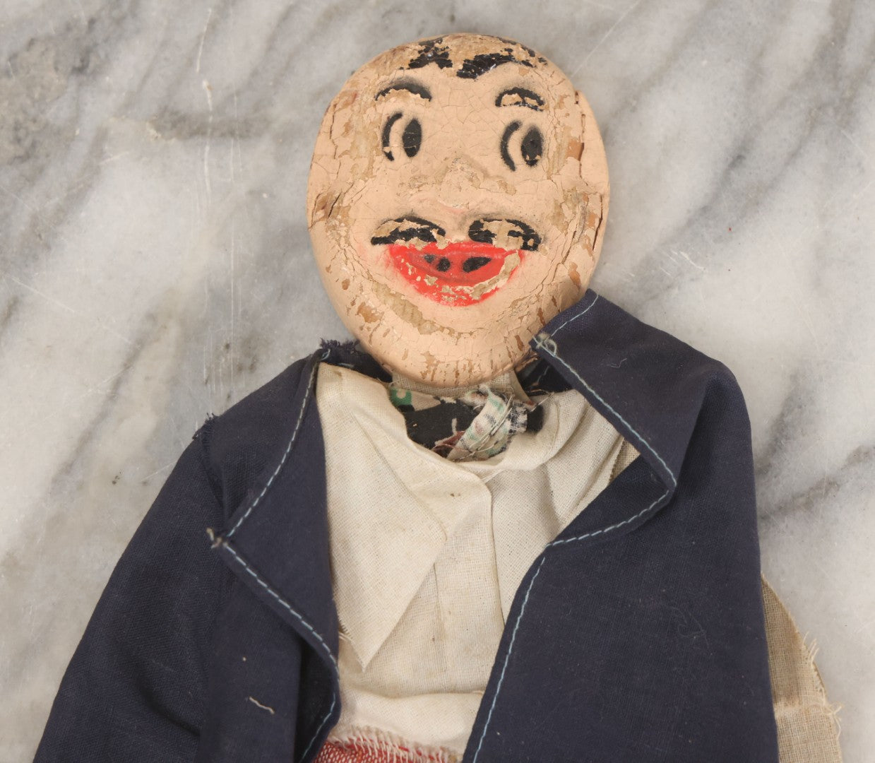 Lot 017 - Vintage Folk Art Hand Made Doll Puppet, Man With Mustache, Blue Jacket, Red Trousers Wooden Head And Feet, Cardstock Body, 14-1/2" Length