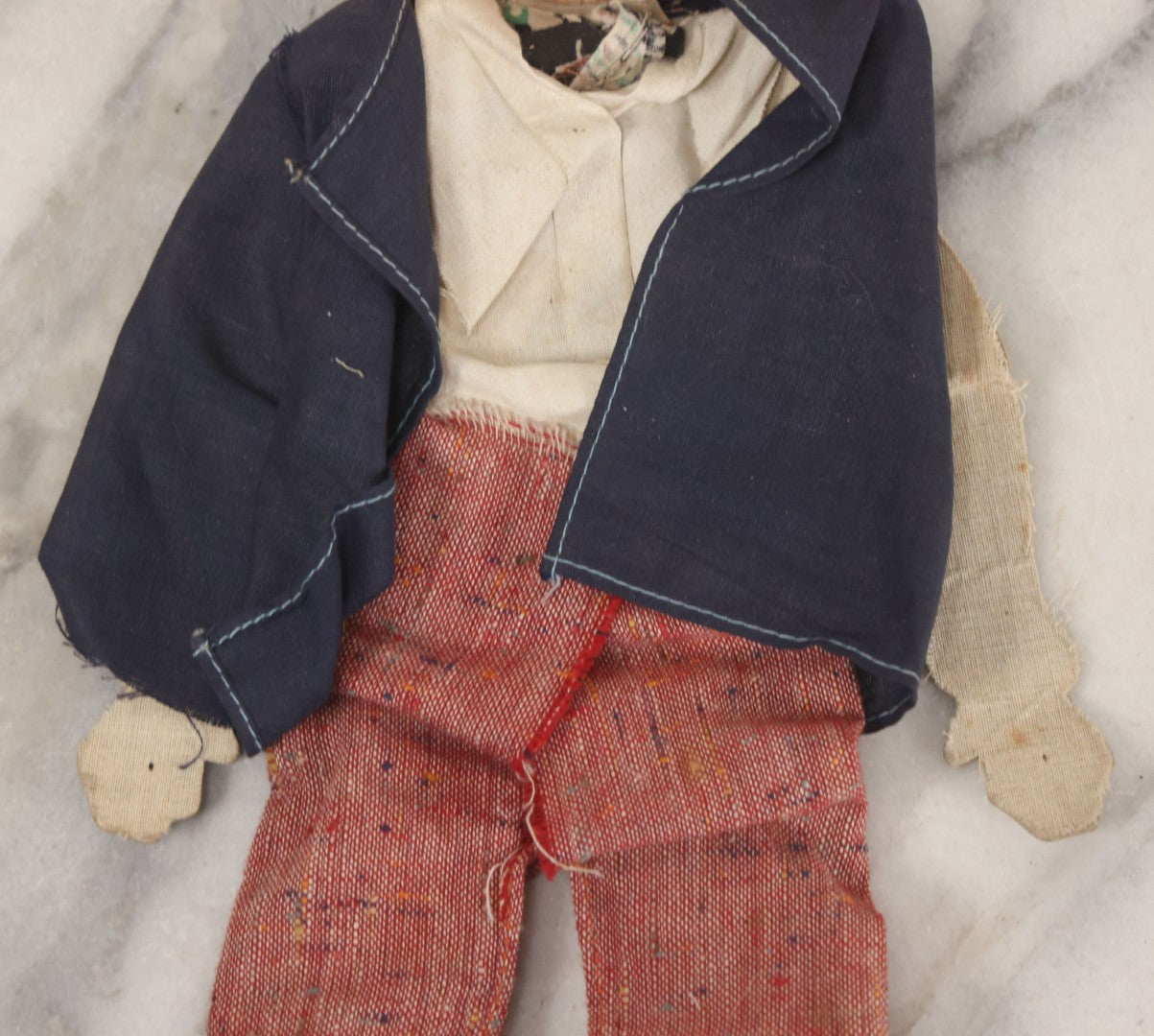 Lot 017 - Vintage Folk Art Hand Made Doll Puppet, Man With Mustache, Blue Jacket, Red Trousers Wooden Head And Feet, Cardstock Body, 14-1/2" Length