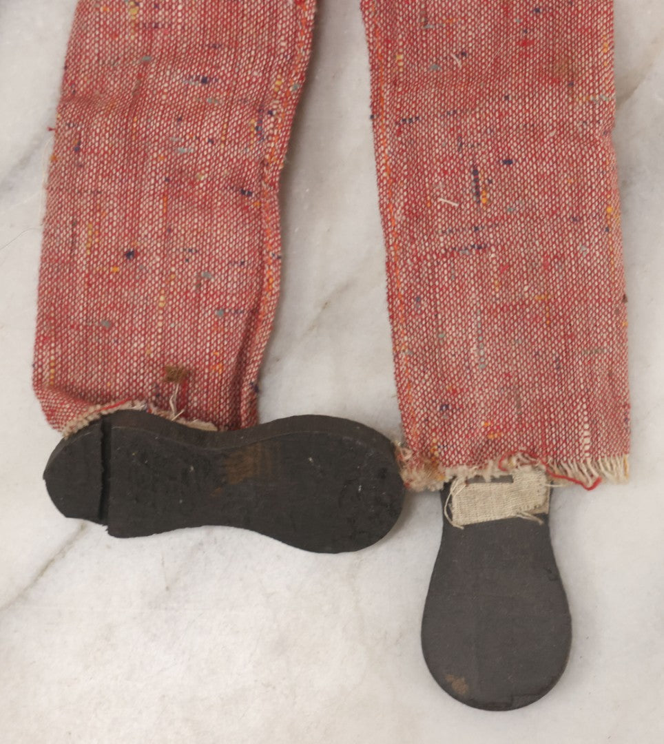 Lot 017 - Vintage Folk Art Hand Made Doll Puppet, Man With Mustache, Blue Jacket, Red Trousers Wooden Head And Feet, Cardstock Body, 14-1/2" Length