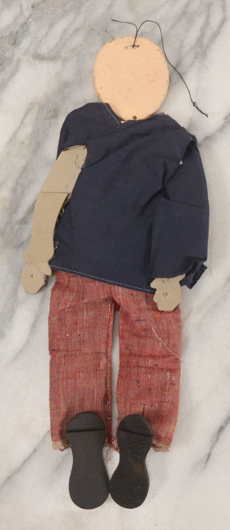 Lot 017 - Vintage Folk Art Hand Made Doll Puppet, Man With Mustache, Blue Jacket, Red Trousers Wooden Head And Feet, Cardstock Body, 14-1/2" Length