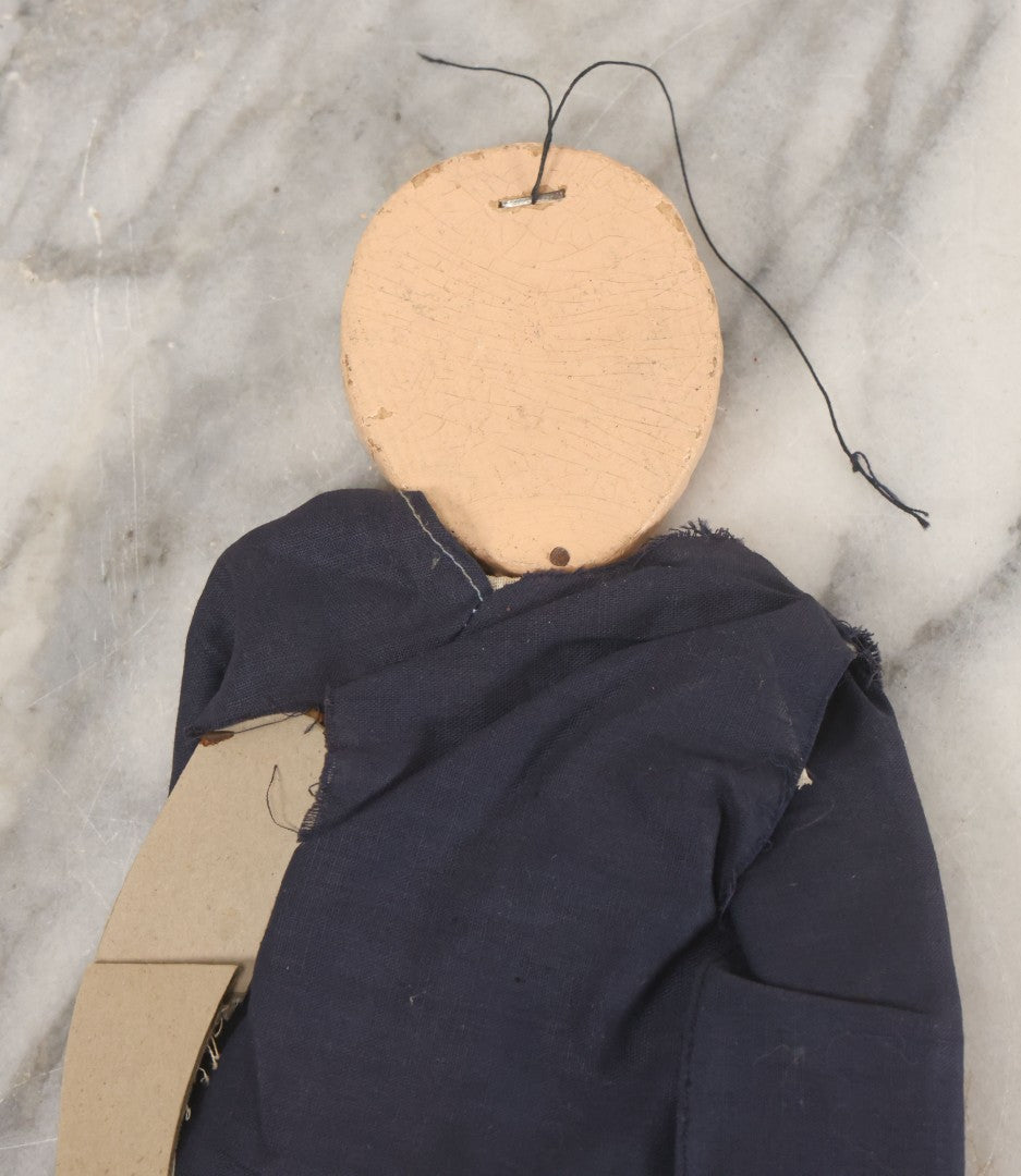 Lot 017 - Vintage Folk Art Hand Made Doll Puppet, Man With Mustache, Blue Jacket, Red Trousers Wooden Head And Feet, Cardstock Body, 14-1/2" Length