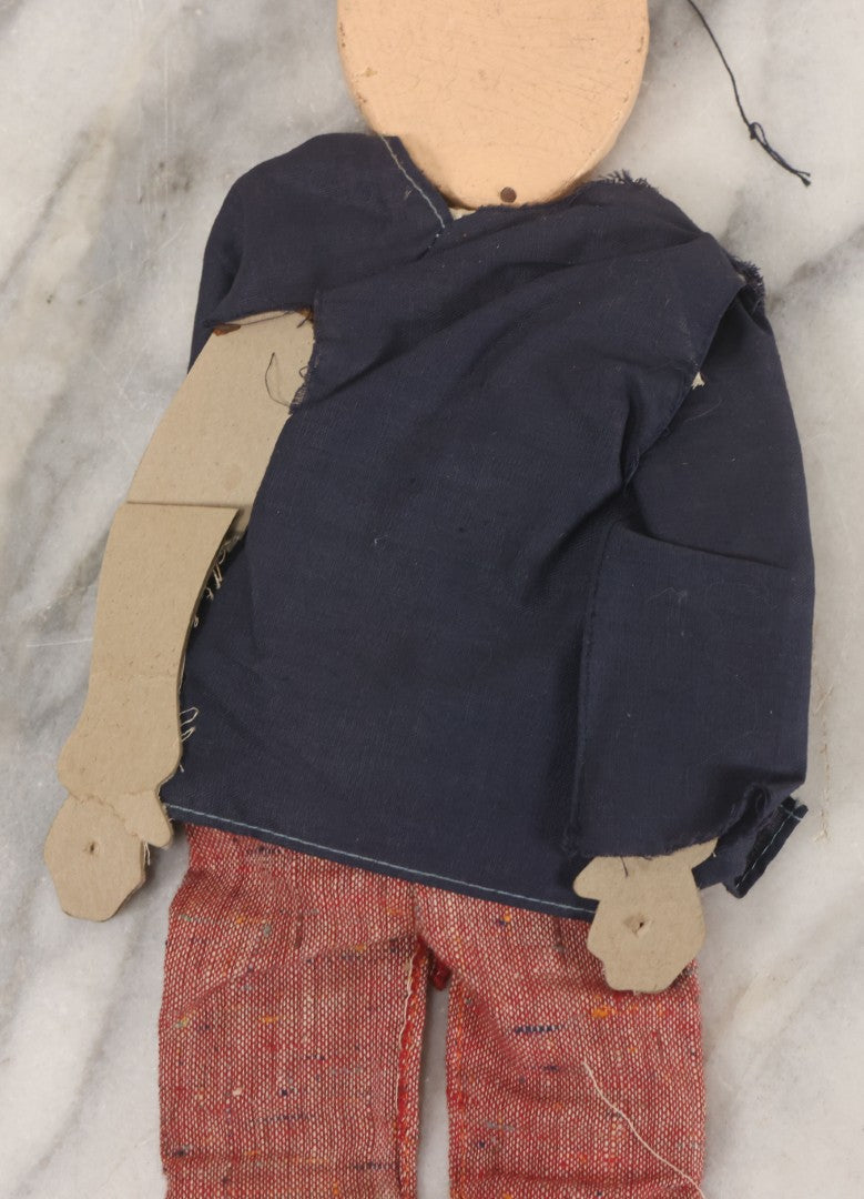 Lot 017 - Vintage Folk Art Hand Made Doll Puppet, Man With Mustache, Blue Jacket, Red Trousers Wooden Head And Feet, Cardstock Body, 14-1/2" Length