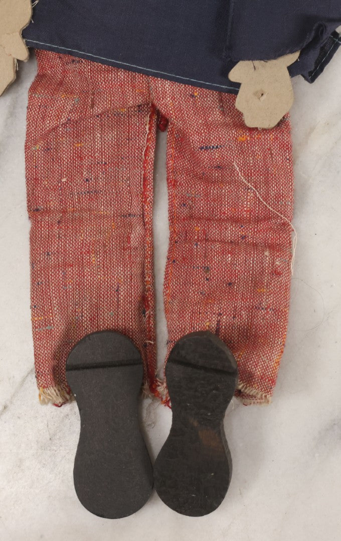 Lot 017 - Vintage Folk Art Hand Made Doll Puppet, Man With Mustache, Blue Jacket, Red Trousers Wooden Head And Feet, Cardstock Body, 14-1/2" Length