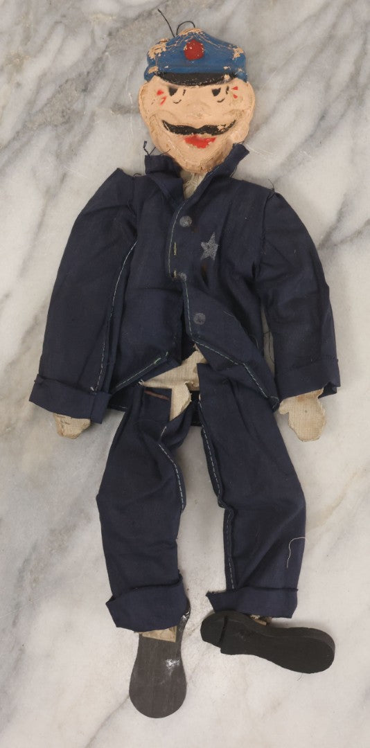 Lot 018 - Vintage Folk Art Hand Made Doll Puppet, Policeman With Blue Uniform, Cap, Wooden Head And Feet, Cardstock Body, 15" Length