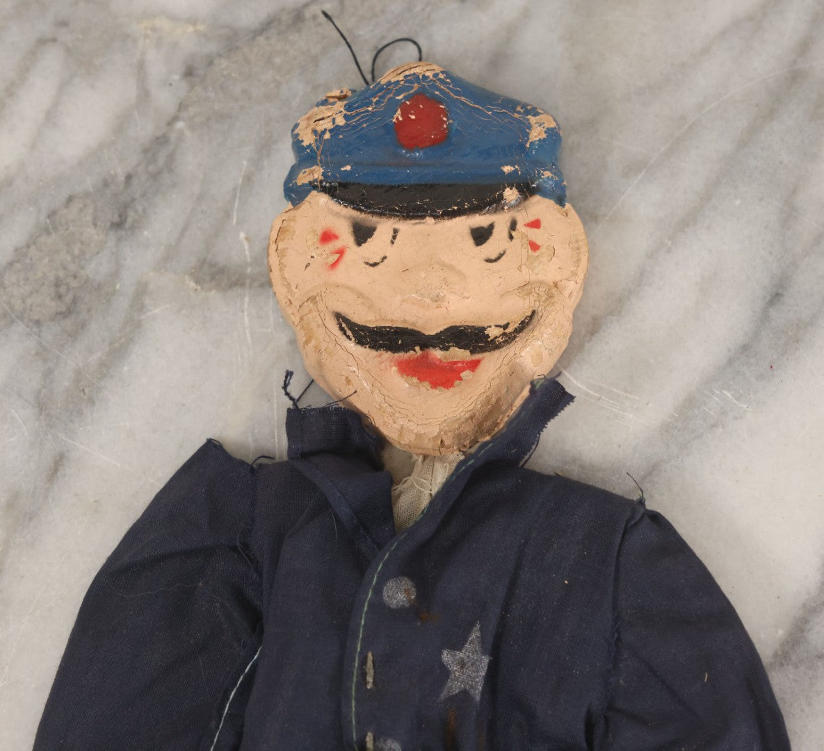 Lot 018 - Vintage Folk Art Hand Made Doll Puppet, Policeman With Blue Uniform, Cap, Wooden Head And Feet, Cardstock Body, 15" Length