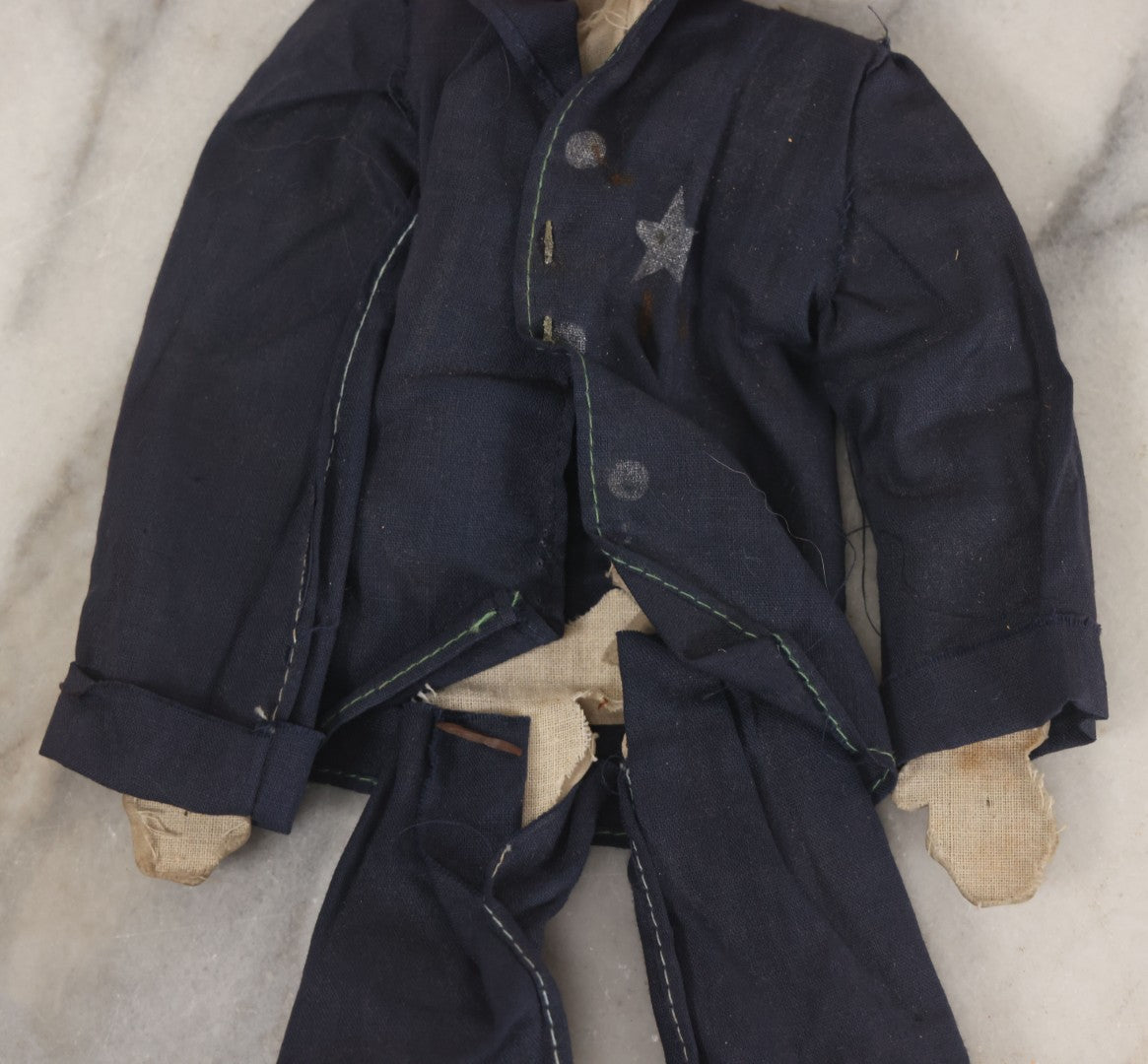 Lot 018 - Vintage Folk Art Hand Made Doll Puppet, Policeman With Blue Uniform, Cap, Wooden Head And Feet, Cardstock Body, 15" Length