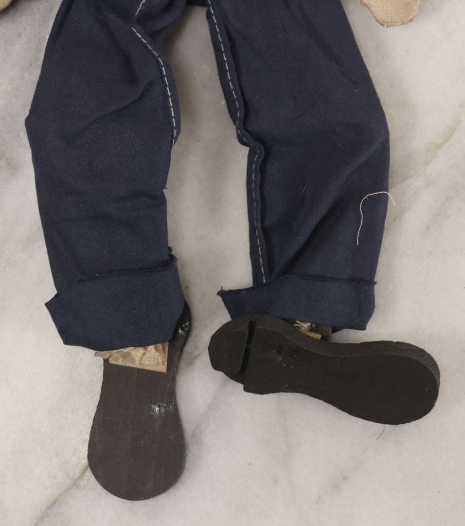 Lot 018 - Vintage Folk Art Hand Made Doll Puppet, Policeman With Blue Uniform, Cap, Wooden Head And Feet, Cardstock Body, 15" Length