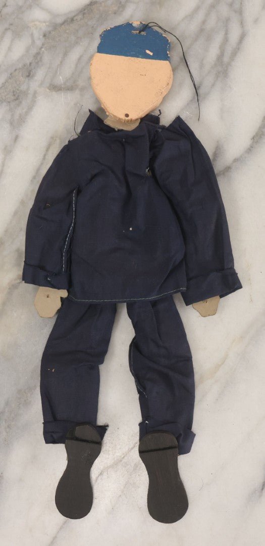 Lot 018 - Vintage Folk Art Hand Made Doll Puppet, Policeman With Blue Uniform, Cap, Wooden Head And Feet, Cardstock Body, 15" Length