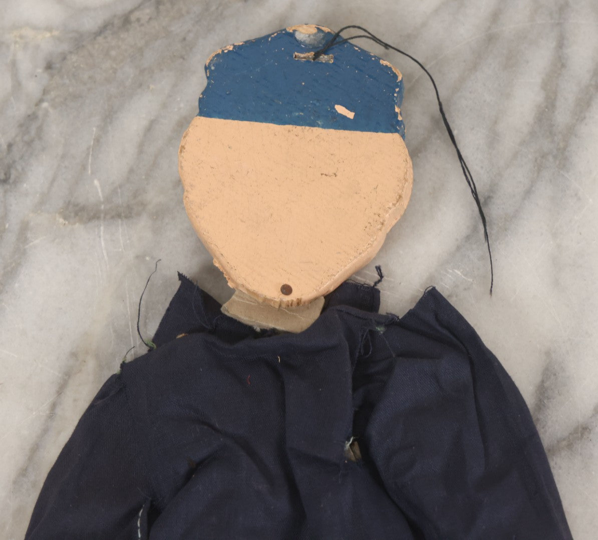 Lot 018 - Vintage Folk Art Hand Made Doll Puppet, Policeman With Blue Uniform, Cap, Wooden Head And Feet, Cardstock Body, 15" Length