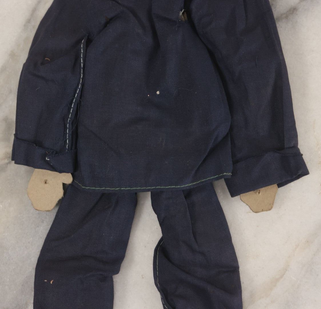 Lot 018 - Vintage Folk Art Hand Made Doll Puppet, Policeman With Blue Uniform, Cap, Wooden Head And Feet, Cardstock Body, 15" Length