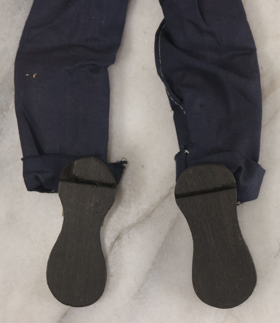 Lot 018 - Vintage Folk Art Hand Made Doll Puppet, Policeman With Blue Uniform, Cap, Wooden Head And Feet, Cardstock Body, 15" Length