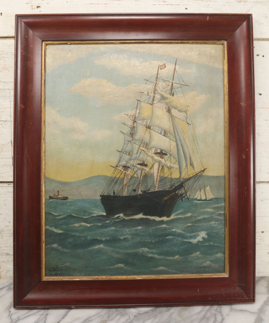 Lot 019 - Vintage Nautical Oil On Board Painting Of A Tall Ship, With Tugboat And Coast Line In Background, Artist Signed W.S. Brewster, Dated 1941, In Frame, 18-1/4" x 22-1/4"