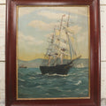 Lot 019 - Vintage Nautical Oil On Board Painting Of A Tall Ship, With Tugboat And Coast Line In Background, Artist Signed W.S. Brewster, Dated 1941, In Frame, 18-1/4" x 22-1/4"