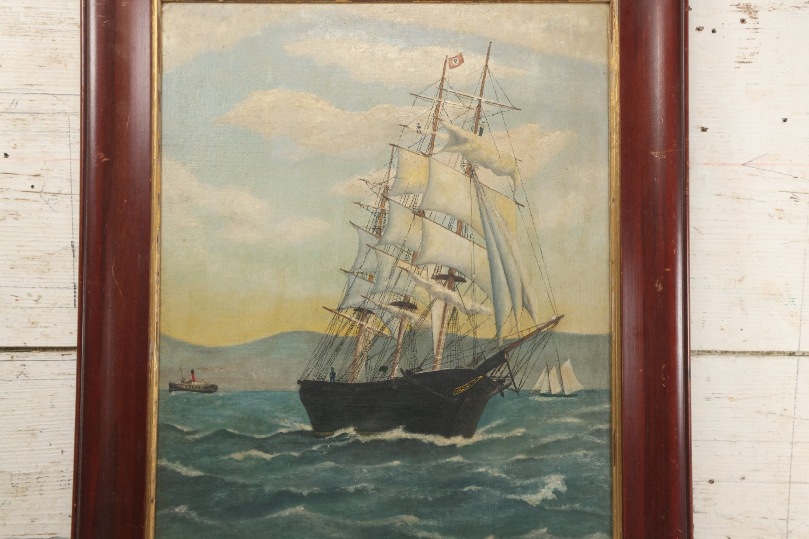 Lot 019 - Vintage Nautical Oil On Board Painting Of A Tall Ship, With Tugboat And Coast Line In Background, Artist Signed W.S. Brewster, Dated 1941, In Frame, 18-1/4" x 22-1/4"
