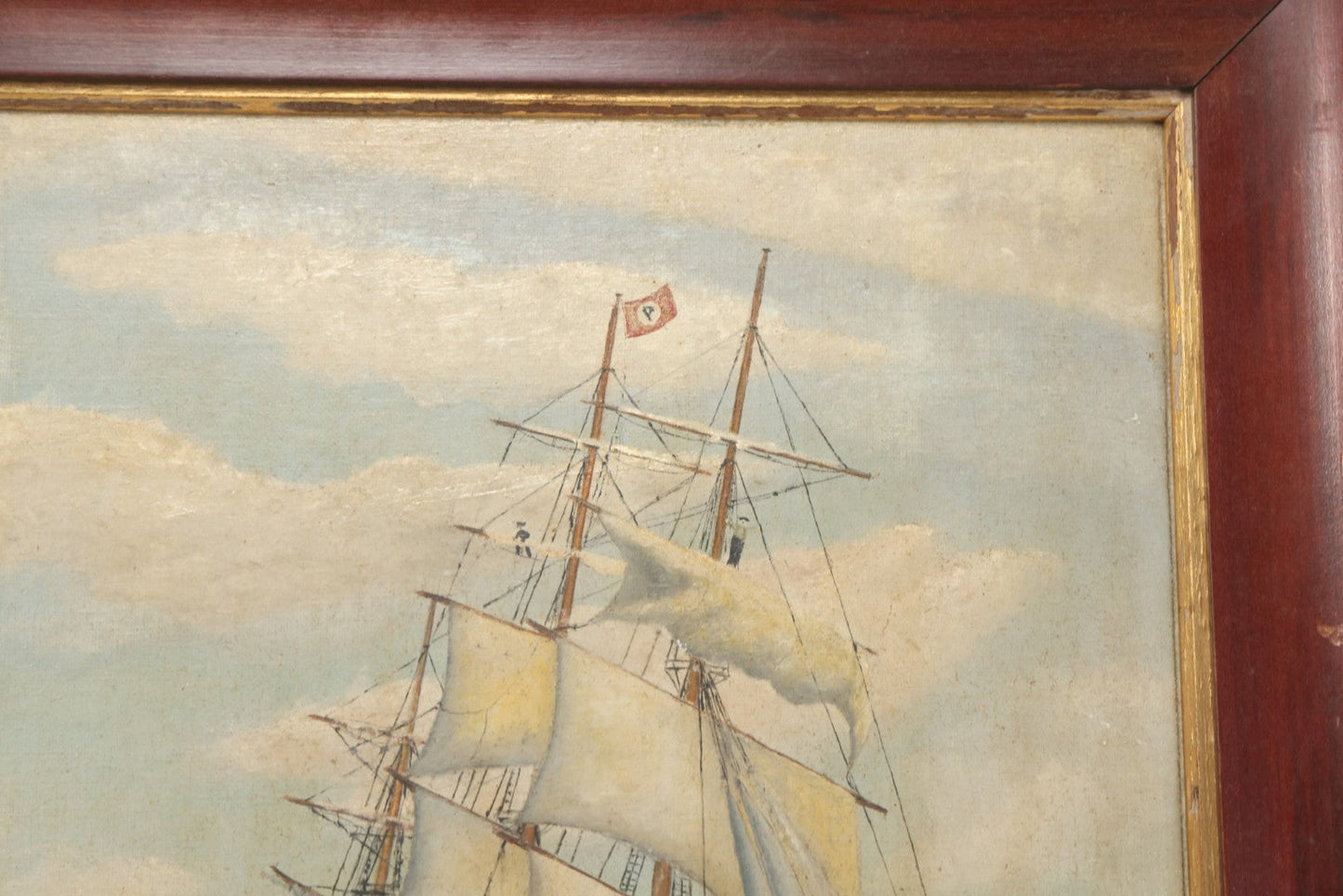 Lot 019 - Vintage Nautical Oil On Board Painting Of A Tall Ship, With Tugboat And Coast Line In Background, Artist Signed W.S. Brewster, Dated 1941, In Frame, 18-1/4" x 22-1/4"