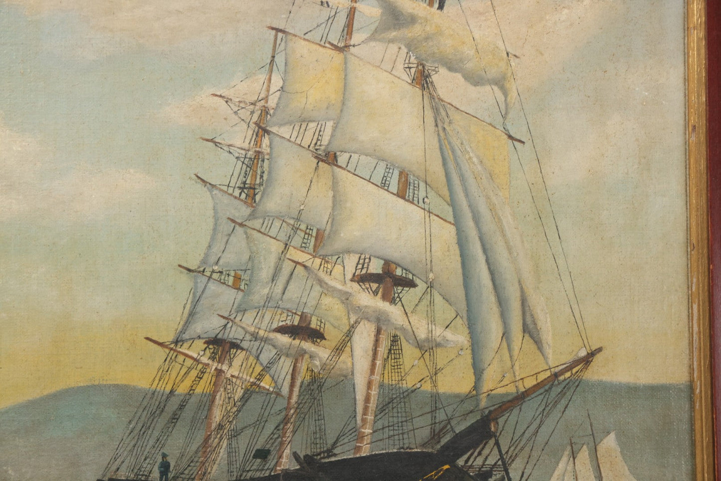 Lot 019 - Vintage Nautical Oil On Board Painting Of A Tall Ship, With Tugboat And Coast Line In Background, Artist Signed W.S. Brewster, Dated 1941, In Frame, 18-1/4" x 22-1/4"