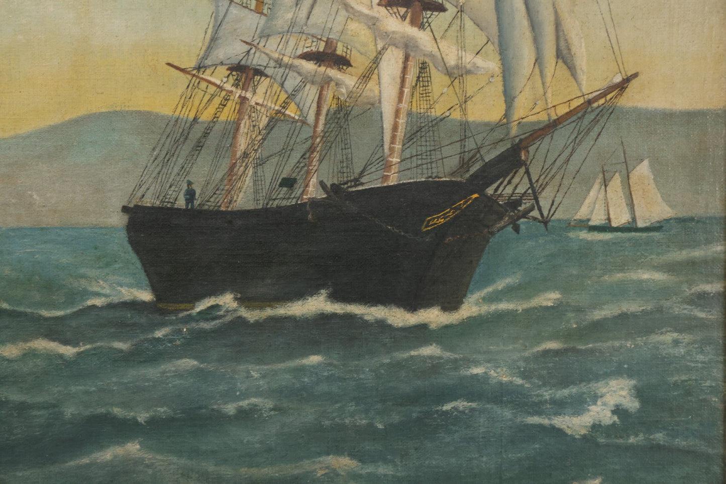 Lot 019 - Vintage Nautical Oil On Board Painting Of A Tall Ship, With Tugboat And Coast Line In Background, Artist Signed W.S. Brewster, Dated 1941, In Frame, 18-1/4" x 22-1/4"