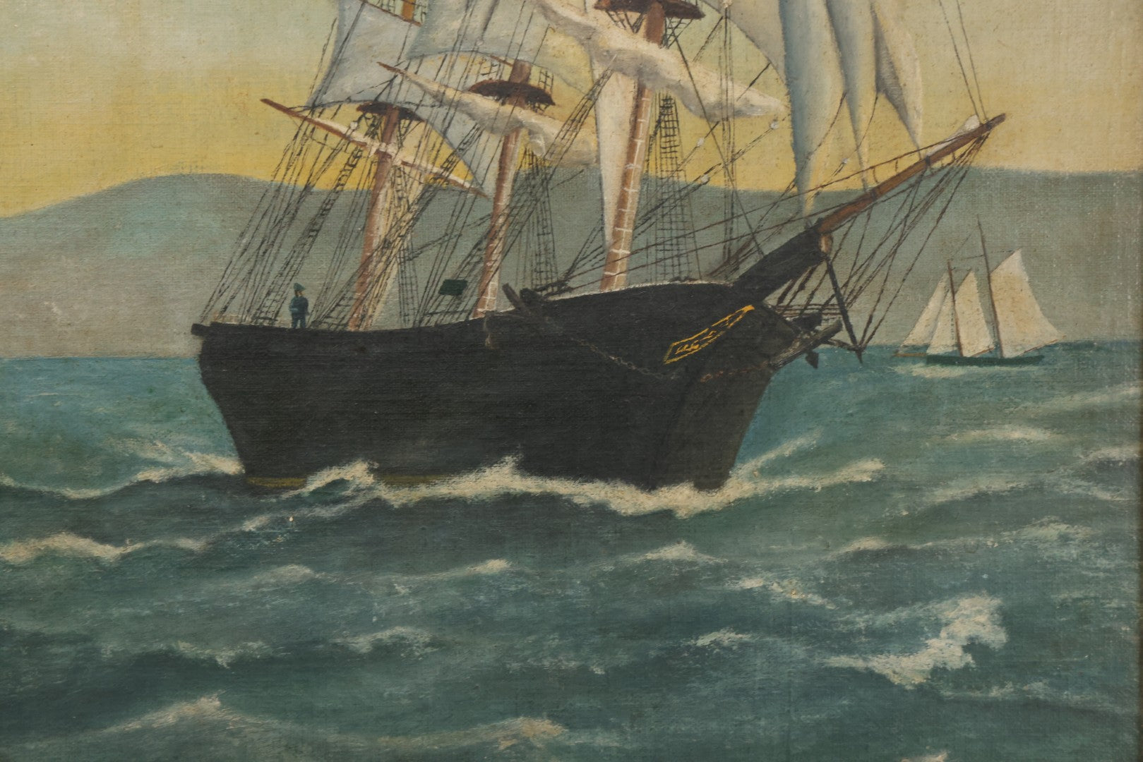 Lot 019 - Vintage Nautical Oil On Board Painting Of A Tall Ship, With Tugboat And Coast Line In Background, Artist Signed W.S. Brewster, Dated 1941, In Frame, 18-1/4" x 22-1/4"