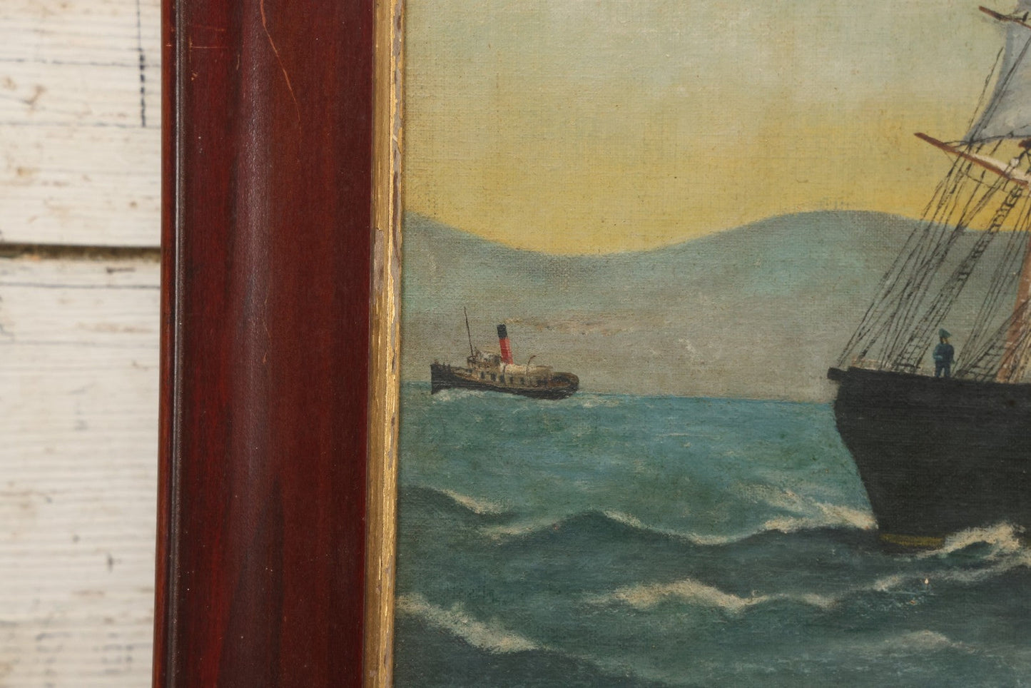 Lot 019 - Vintage Nautical Oil On Board Painting Of A Tall Ship, With Tugboat And Coast Line In Background, Artist Signed W.S. Brewster, Dated 1941, In Frame, 18-1/4" x 22-1/4"