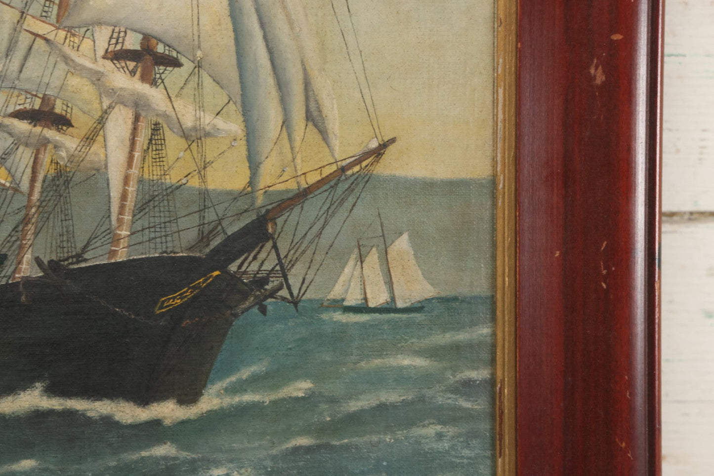 Lot 019 - Vintage Nautical Oil On Board Painting Of A Tall Ship, With Tugboat And Coast Line In Background, Artist Signed W.S. Brewster, Dated 1941, In Frame, 18-1/4" x 22-1/4"