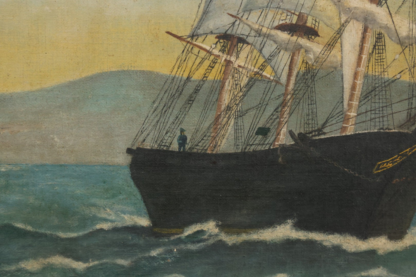 Lot 019 - Vintage Nautical Oil On Board Painting Of A Tall Ship, With Tugboat And Coast Line In Background, Artist Signed W.S. Brewster, Dated 1941, In Frame, 18-1/4" x 22-1/4"