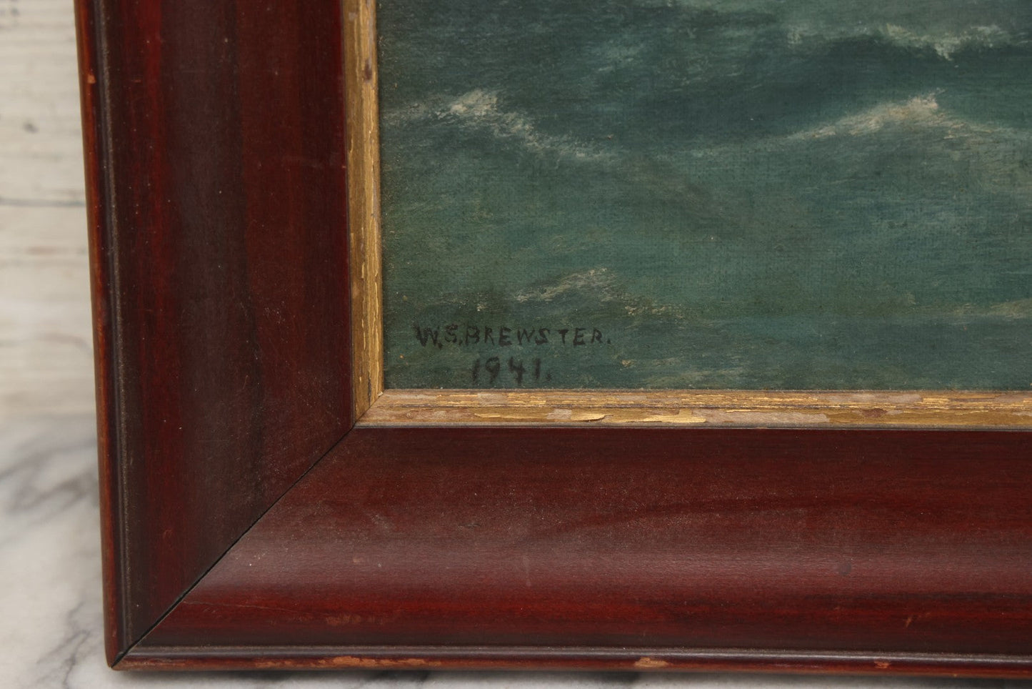 Lot 019 - Vintage Nautical Oil On Board Painting Of A Tall Ship, With Tugboat And Coast Line In Background, Artist Signed W.S. Brewster, Dated 1941, In Frame, 18-1/4" x 22-1/4"