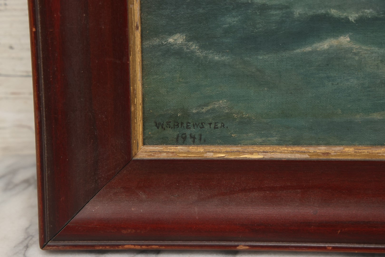 Lot 019 - Vintage Nautical Oil On Board Painting Of A Tall Ship, With Tugboat And Coast Line In Background, Artist Signed W.S. Brewster, Dated 1941, In Frame, 18-1/4" x 22-1/4"