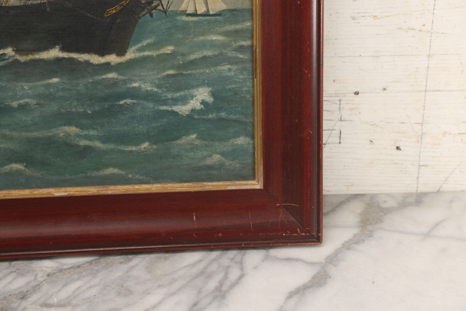 Lot 019 - Vintage Nautical Oil On Board Painting Of A Tall Ship, With Tugboat And Coast Line In Background, Artist Signed W.S. Brewster, Dated 1941, In Frame, 18-1/4" x 22-1/4"