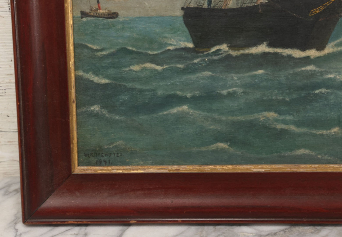 Lot 019 - Vintage Nautical Oil On Board Painting Of A Tall Ship, With Tugboat And Coast Line In Background, Artist Signed W.S. Brewster, Dated 1941, In Frame, 18-1/4" x 22-1/4"