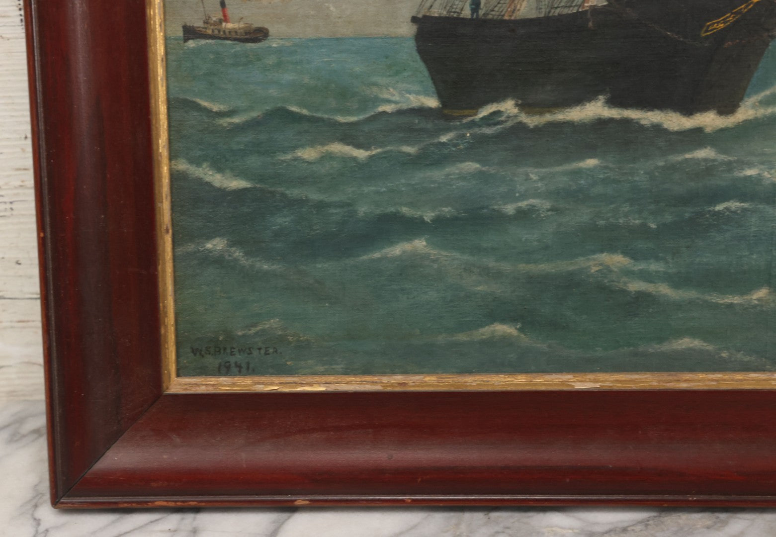 Lot 019 - Vintage Nautical Oil On Board Painting Of A Tall Ship, With Tugboat And Coast Line In Background, Artist Signed W.S. Brewster, Dated 1941, In Frame, 18-1/4" x 22-1/4"