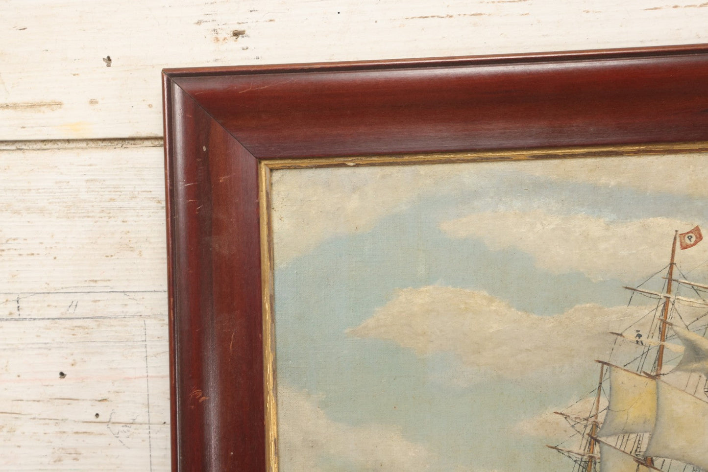 Lot 019 - Vintage Nautical Oil On Board Painting Of A Tall Ship, With Tugboat And Coast Line In Background, Artist Signed W.S. Brewster, Dated 1941, In Frame, 18-1/4" x 22-1/4"