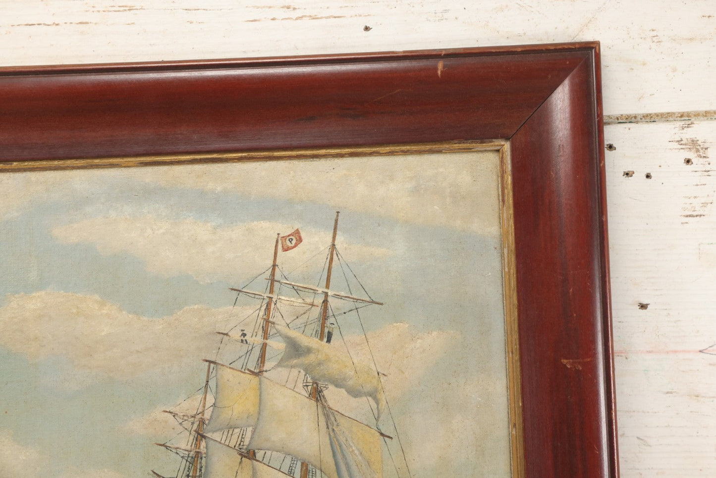 Lot 019 - Vintage Nautical Oil On Board Painting Of A Tall Ship, With Tugboat And Coast Line In Background, Artist Signed W.S. Brewster, Dated 1941, In Frame, 18-1/4" x 22-1/4"