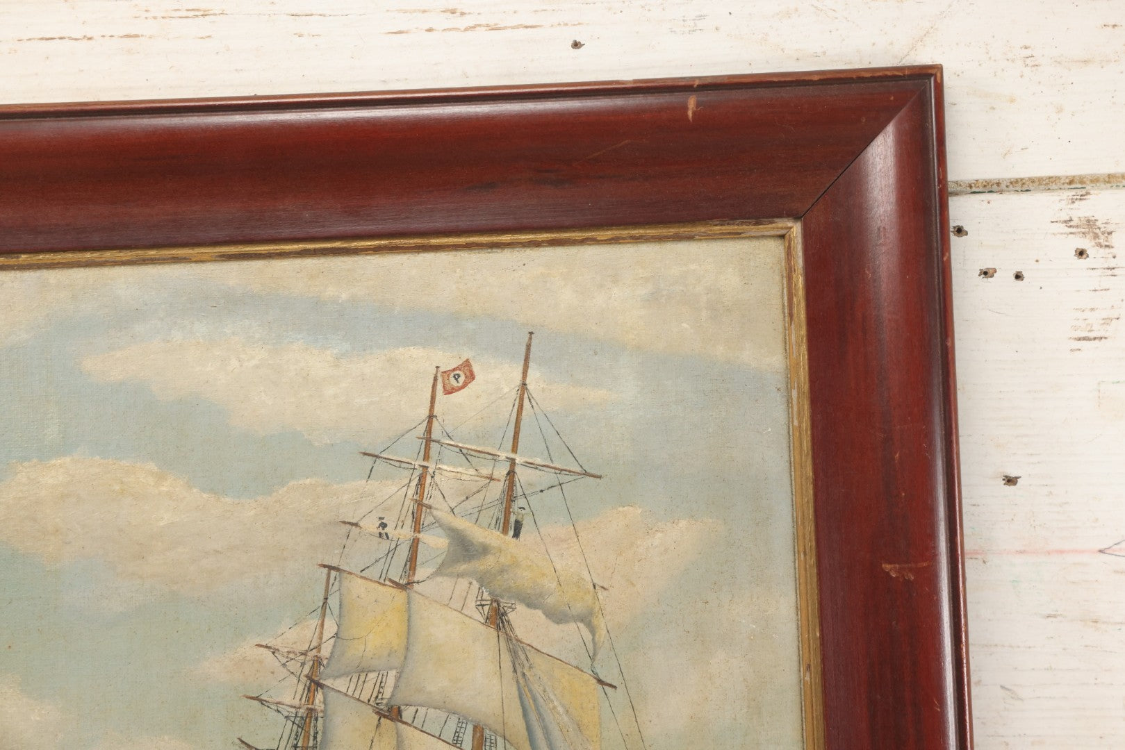 Lot 019 - Vintage Nautical Oil On Board Painting Of A Tall Ship, With Tugboat And Coast Line In Background, Artist Signed W.S. Brewster, Dated 1941, In Frame, 18-1/4" x 22-1/4"
