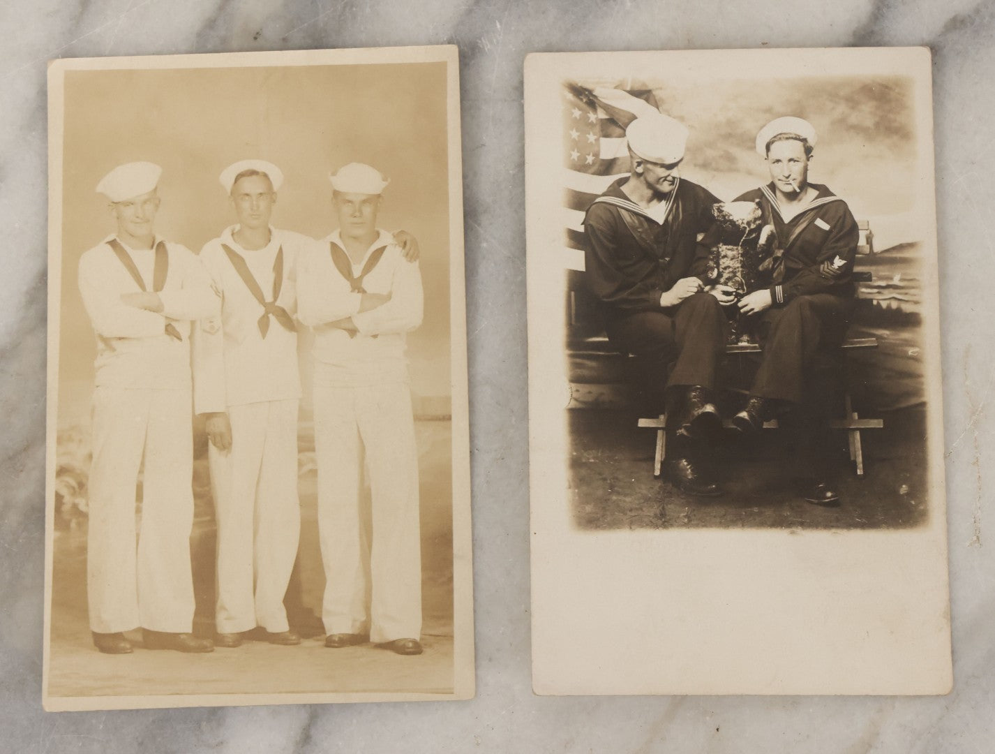 Lot 021 - Pair Of Antique Real Photo Postcards R.P.P.C. Of Sailors Including Smoking Sailor And His Mate, And Group Of Three Sailors Taken At Sherman's "New Studio, Adjoining Casino Baths Wildwood, New Jersey"