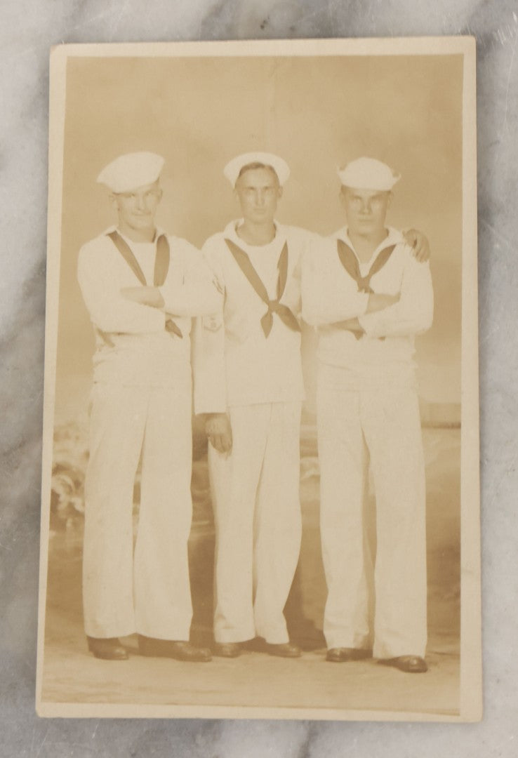 Lot 021 - Pair Of Antique Real Photo Postcards R.P.P.C. Of Sailors Including Smoking Sailor And His Mate, And Group Of Three Sailors Taken At Sherman's "New Studio, Adjoining Casino Baths Wildwood, New Jersey"