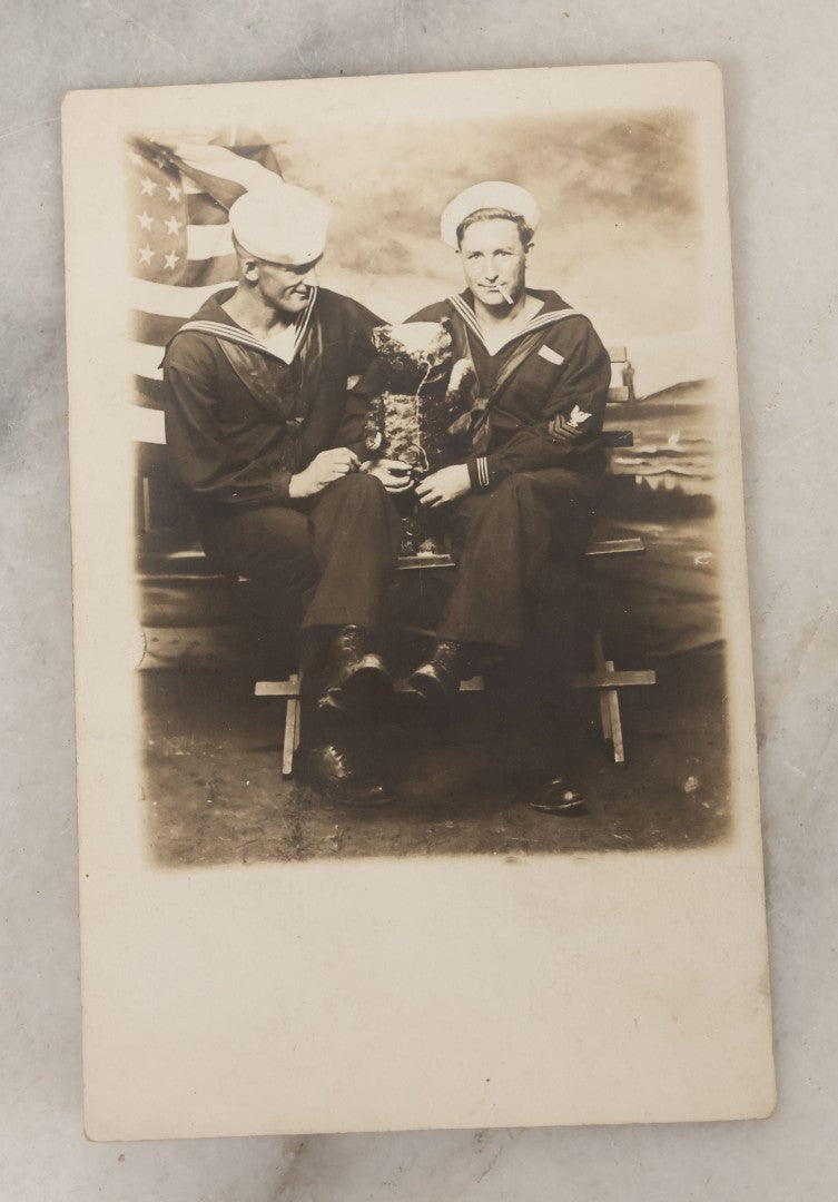 Lot 021 - Pair Of Antique Real Photo Postcards R.P.P.C. Of Sailors Including Smoking Sailor And His Mate, And Group Of Three Sailors Taken At Sherman's "New Studio, Adjoining Casino Baths Wildwood, New Jersey"