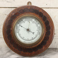 Lot 022 - Vintage Aneroid Barometer On Wood Plaque With Twisted Rope Inlay Motif, Beveled Glass Brass Surround, Wall Hanger, 9-3/4" Diameter