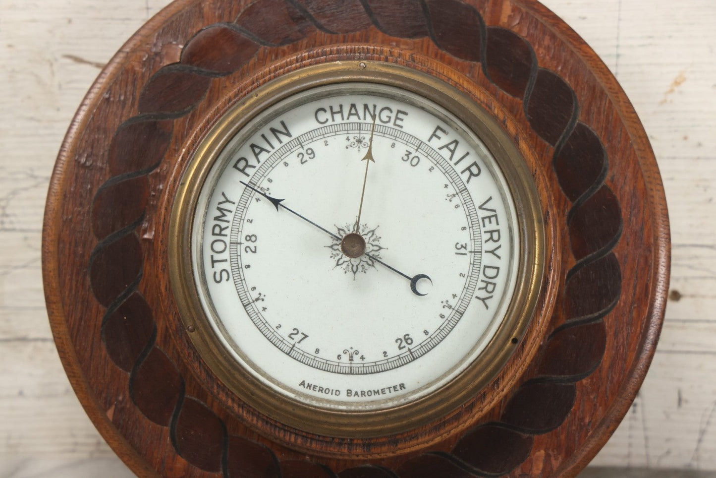 Lot 022 - Vintage Aneroid Barometer On Wood Plaque With Twisted Rope Inlay Motif, Beveled Glass Brass Surround, Wall Hanger, 9-3/4" Diameter