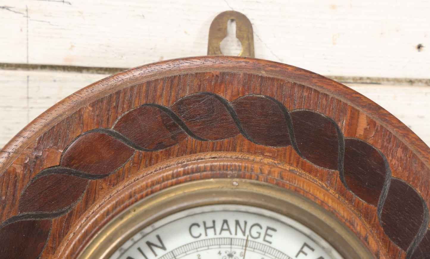 Lot 022 - Vintage Aneroid Barometer On Wood Plaque With Twisted Rope Inlay Motif, Beveled Glass Brass Surround, Wall Hanger, 9-3/4" Diameter