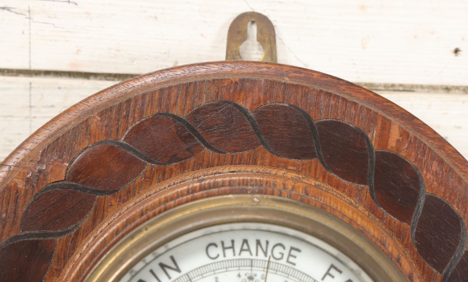 Lot 022 - Vintage Aneroid Barometer On Wood Plaque With Twisted Rope Inlay Motif, Beveled Glass Brass Surround, Wall Hanger, 9-3/4" Diameter