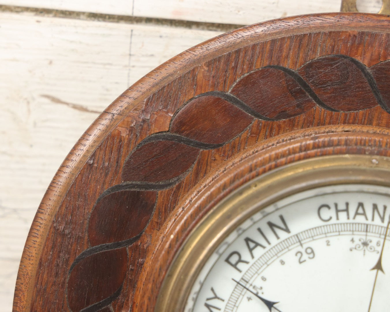 Lot 022 - Vintage Aneroid Barometer On Wood Plaque With Twisted Rope Inlay Motif, Beveled Glass Brass Surround, Wall Hanger, 9-3/4" Diameter