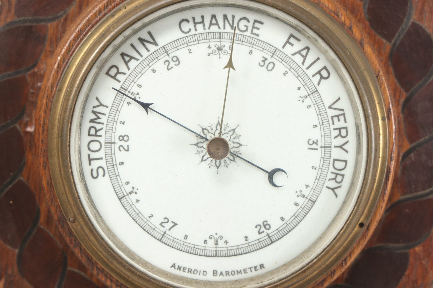 Lot 022 - Vintage Aneroid Barometer On Wood Plaque With Twisted Rope Inlay Motif, Beveled Glass Brass Surround, Wall Hanger, 9-3/4" Diameter