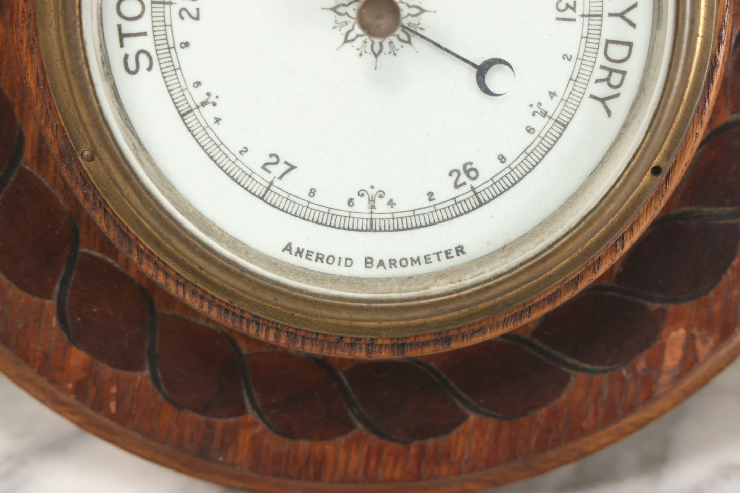 Lot 022 - Vintage Aneroid Barometer On Wood Plaque With Twisted Rope Inlay Motif, Beveled Glass Brass Surround, Wall Hanger, 9-3/4" Diameter