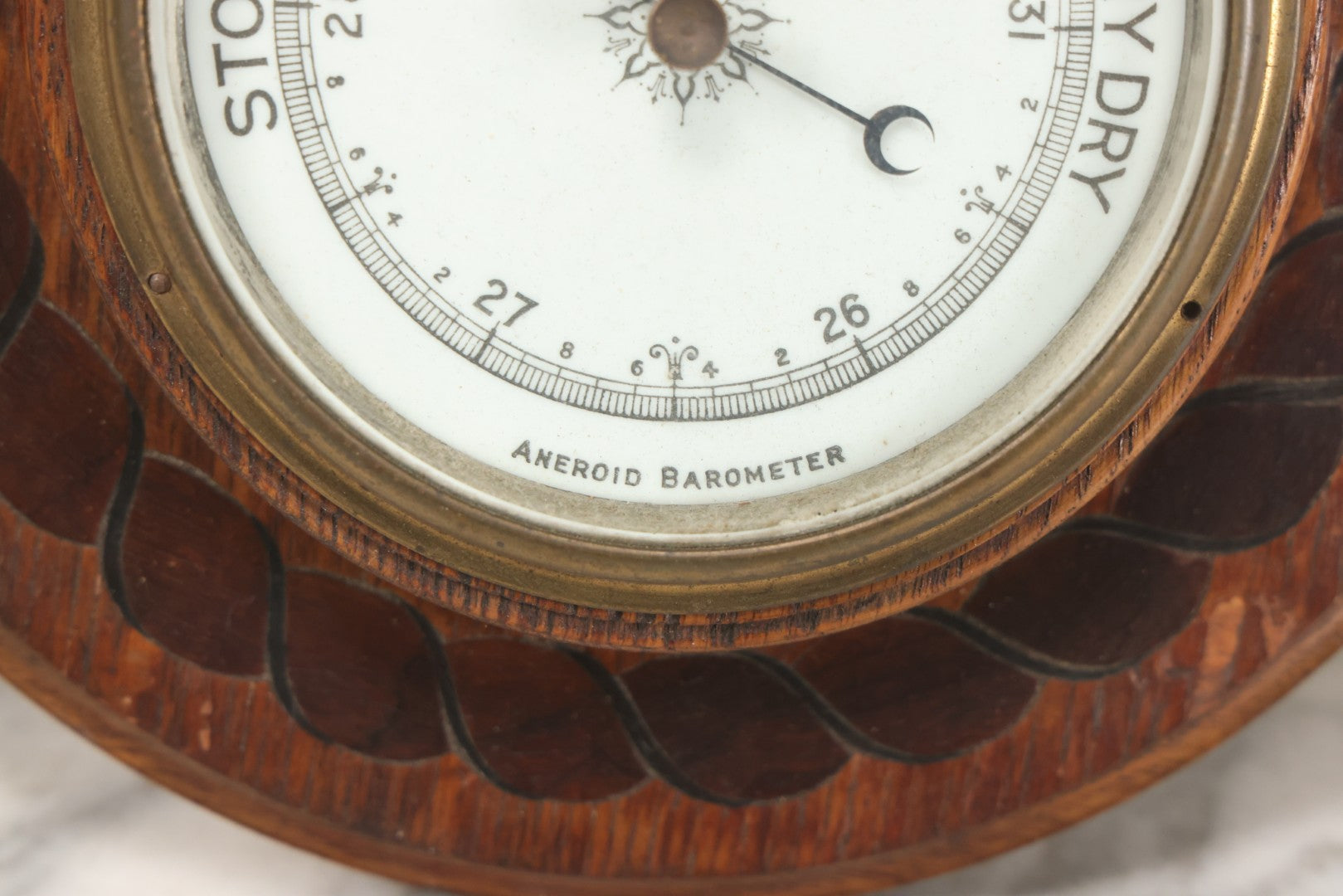 Lot 022 - Vintage Aneroid Barometer On Wood Plaque With Twisted Rope Inlay Motif, Beveled Glass Brass Surround, Wall Hanger, 9-3/4" Diameter