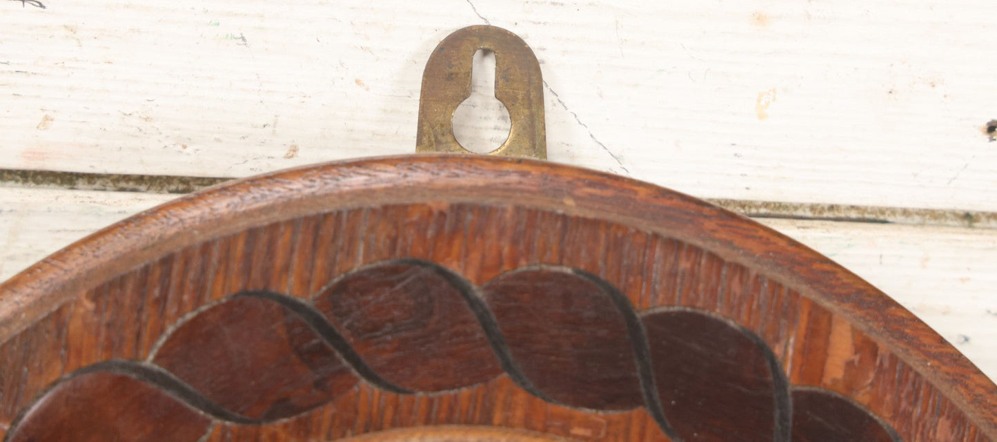 Lot 022 - Vintage Aneroid Barometer On Wood Plaque With Twisted Rope Inlay Motif, Beveled Glass Brass Surround, Wall Hanger, 9-3/4" Diameter